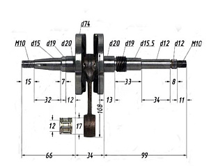 Коленвал 2х такт. Honda Dio50 AF27/28, Tact 30/31/51(М12,шлиц.14мм,d14мм,М10)